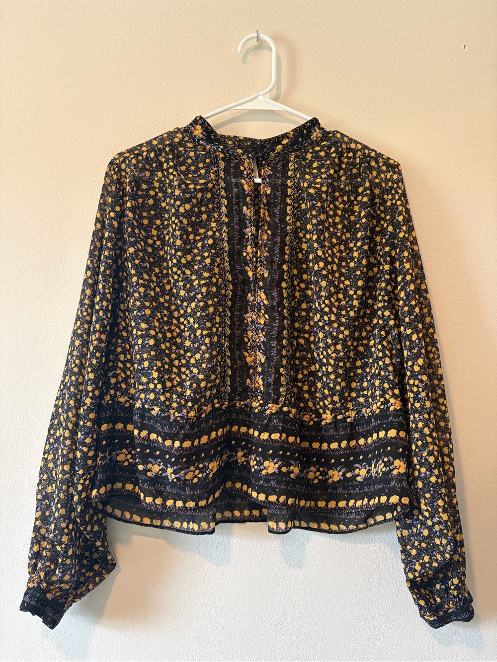 Free People Black Blouse with Yellow Floral Print